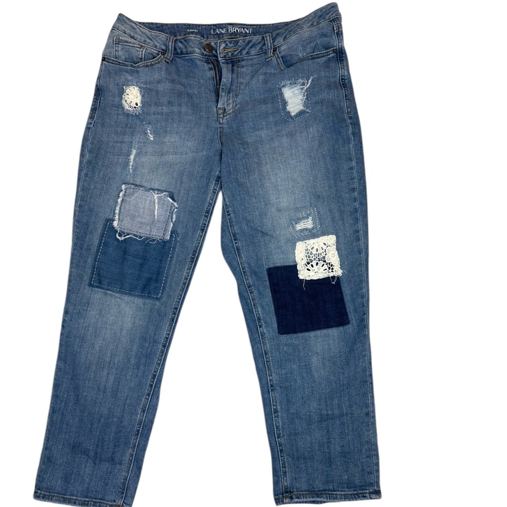 Lane Bryant Capri Jeans Size 16 Distressed Patchwork Stretch Mid Rise